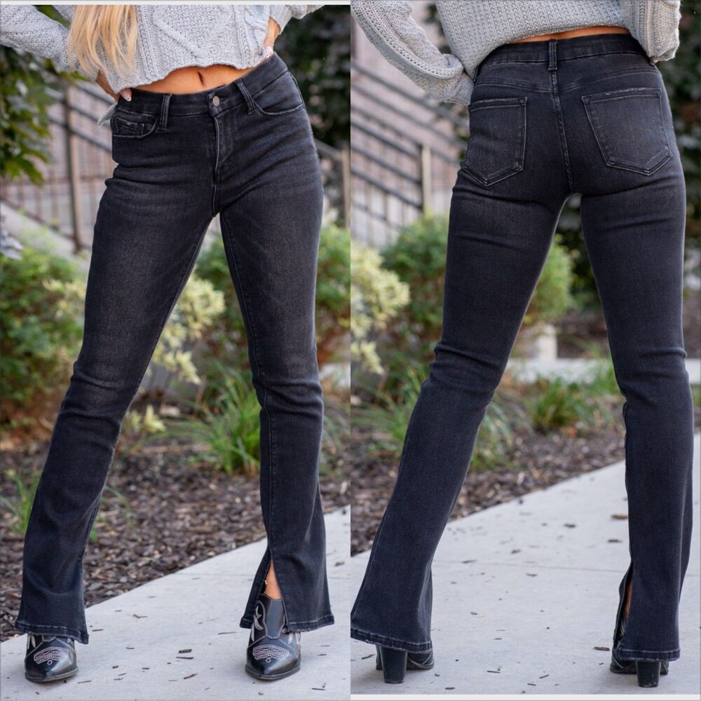 Vervet Slim Boot Cut Jeans Size 31 Black Mid Rise Slit Hem Stretch EUC